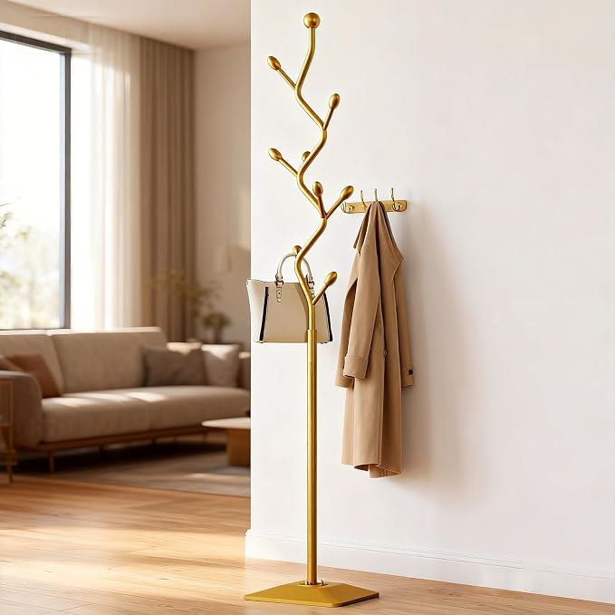Gold Coat Rack Freestanding Metal Tree Coat Stand with Hooks,Modern Decorative Standing Hat Rack for Entryway Bedroom Living Room