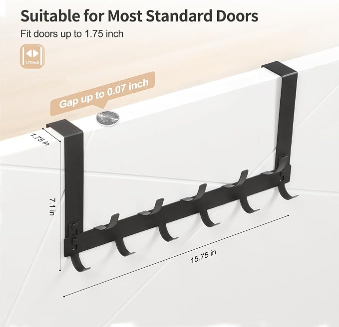 Optish Door Hanger Hook, Over The Door Hooks for Hanging, Over The Door Towel Racks for Bathroom, Over The Door Hanger - 5 Triple Hooks for Towel, Clothes and Hat (Black, 2 Pack), TRI-1P