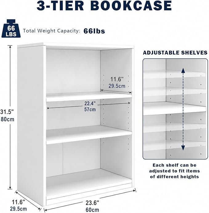 3-Tier Bookcase, 71 Inches, Wooden Open Display Floor Bookshelf with Adjustable Shelves (White)