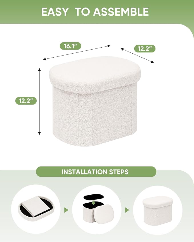 B FSOBEIIALEO Storage Ottoman for Dorm Room, Boucle Folding Storage Ottoman Foot Rest, 16.14 Inches Small Collapsible Ottoman Cube for Living Room White Cream