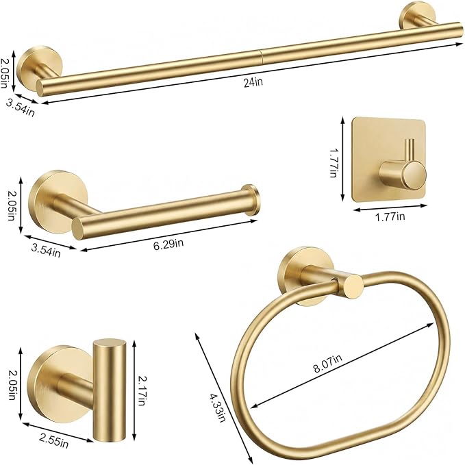 Brushed Gold Bathroom Accessories Set, 7 Pieces Gold Towel Bar Bathroom Hardware Set, 24 Inch Towel Racks for Bathroom, SUS304 Stainless Steel Bathroom Towel Holder Toilet Paper Holder Wall Mounted