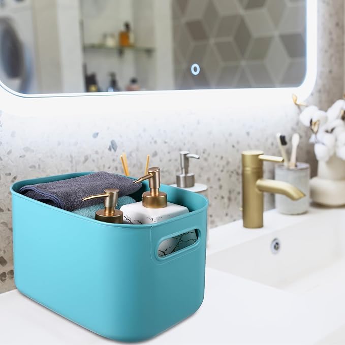 8 Pieces Colorful Storage Bins with Lid, Plastic Storage Basket Organizing Container Stackable Box with Handle for Shelves Desktop Playroom Office(10.2 x 7 x 6.3 Inch,Green and Yellow)