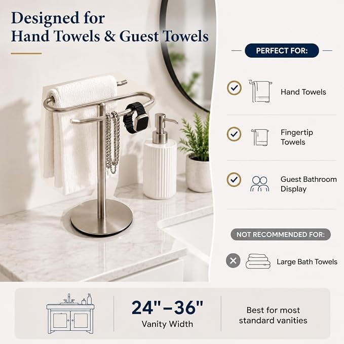 Brushed Nickel Hand Towel Holder Stand,13 Inch Free-Standing Towel Rack, SUS304 Stainless Steel Towel Bar Rack Stand, Tower Bar for Bathroom Kitchen Vanity Countertop…