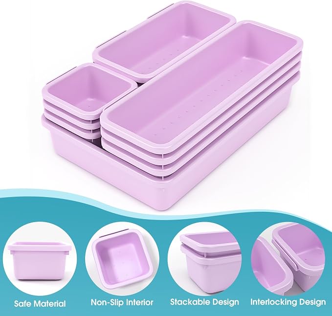 10 PCS Drawer Organizer Set, 4 Size Makeup Drawer Divider Organizer With Non-Slip Pads, Interlocking Plastic Storage Bins for Office,Jewelry Vanity,Gadgets, Bathroom,Kitchen, Purple