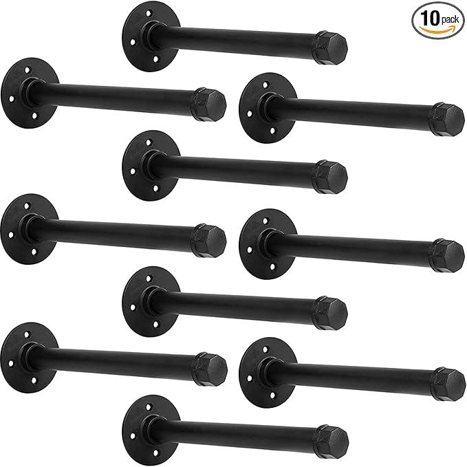Industrial Pipe Shelf Brackets 10-Pack 14 Inch - Heavy Duty Black Iron for 8"-14" Wood-Wall Mount Floating Shelves Kit with All Hardware Included,Pipe Shelving Brackets , Black DIY Pipe Shelves