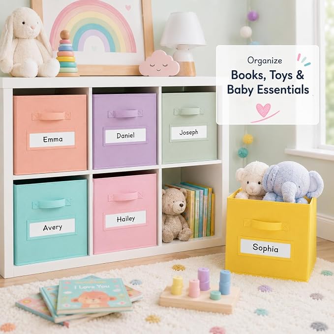 clothmile 6 Pack 11 Inch Fabric Storage Cubes with Label Windows | Collapsible fabric bins fold flat and include handles with sturdy base inserts for shelves closets classrooms and playrooms