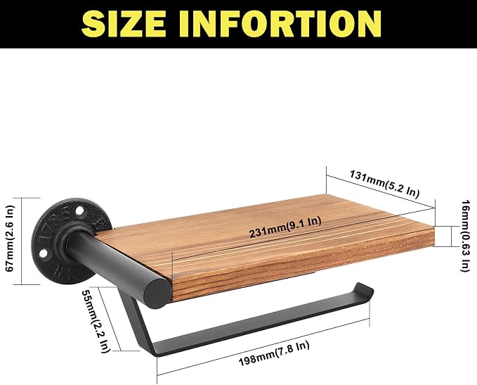 Hand Towel Holder/Towel Ring with Wooden Shelf, Hand Towel Rack, Hand Towel Hanger for Bathroom, Bath Accessories Wall Mounted, (Matte Black, 9.1"-Industrial Squ Shaped)