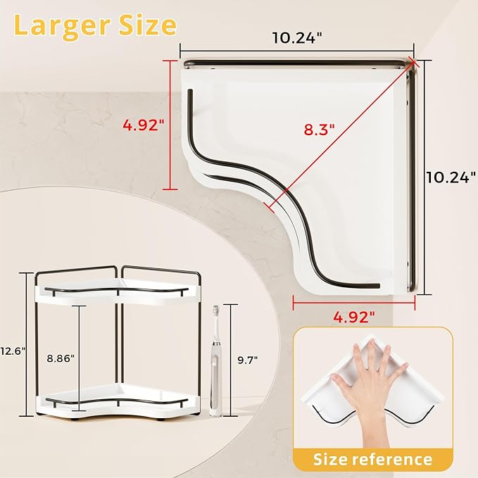 2-Tier Corner Bathroom Counter Organizer, Larger Size | Embedded Screw Holes, Sturdy & Stable, Oversized, Holds More, Vanity Shelf for Makeup & Skincare