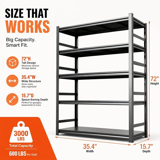 Garage Shelving 3000 LBS Heavy Duty Adjustable Metal Storage Shelves | Garage Shelving Unit 72"H×35.4"W×15.7"D, Boltless 5-Tier Rack for Garage Kitchen Pantry Basement Warehouse Bedroom, Black