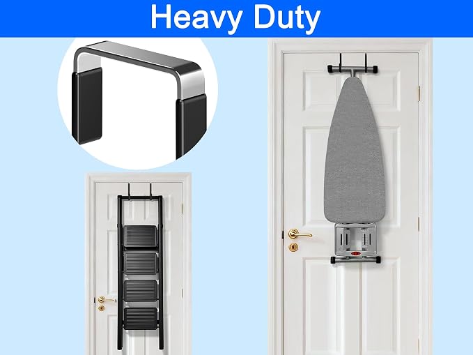 Single Over Door Steel Hooks 4 Pack Fit 1-3/8" Door 5.5" Black | Plastic Coated Rubber Feel Towel Rack Robe Coat Shoe Wreath Hanger No Damage No Scratch for Bathroom Heavy Duty Thin Top