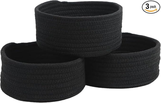 Small Woven Cotton Rope Baskets, Set of 3, Black | Mini Round Baskets, Gift and Storage Baskets, Nursery Organizer, Bathroom Countertop Bins, Decorative Boho Decor