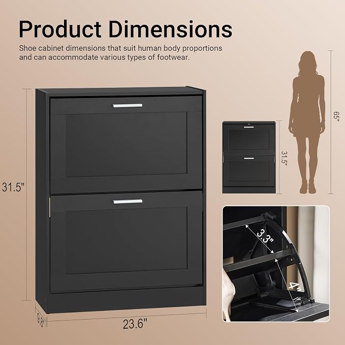 Haotian Shoe Cabinet Storage for Entryway | Narrow Shoe Cabinet with Two Flip Drawers to Save Space, Shoe Rack Cabinet for Front Door Entrance Hallway (Black)