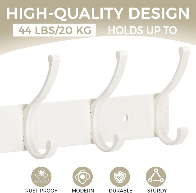 Wall Mount Coat Rack 1 Pack, White Coat Hooks Hanger with 6 Double Hooks | Zinc Alloy, Smooth Hook Edges, Screw Installation, Double Hooks，Greater Storage Space for Hanging Robes, Clothes, Bags, Hat