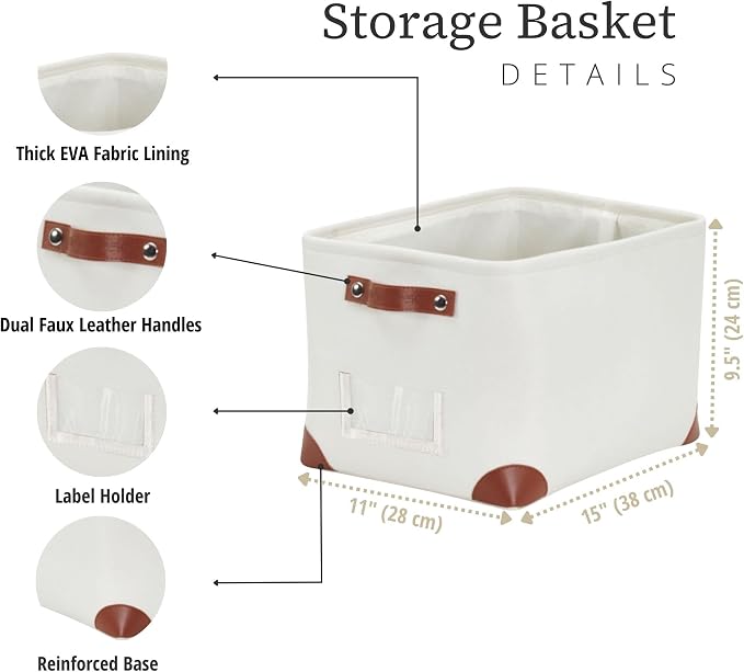 DECOMOMO Storage Bins, Fabric Storage Baskets for Shelves | 3 Pack Linen Closet Organization (Creamy White, Large)