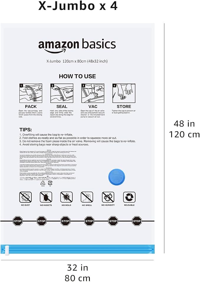 Amazon Basics Vacuum Storage Bags for Blankets, Vacuum Compression Space Saving Storage Bags with Hand Pump for Clothes Packing, X-Jumbo, 4-Pack