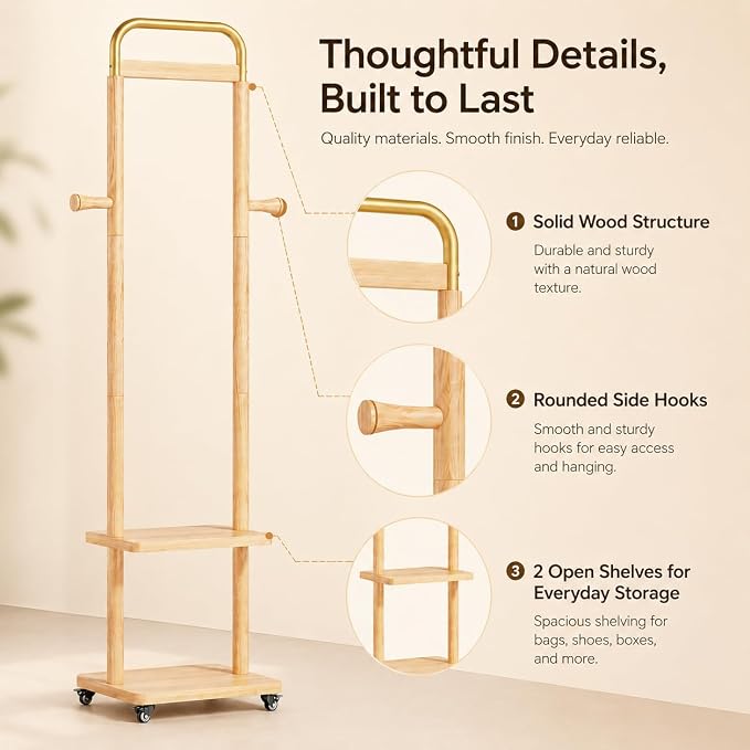 Solid Rubberwood Coat Rack – 71.2" Tall Standing Rack with Locking Wheels, 2-Tier Shelves & Side Hooks, Slim Hall Tree for Entryway or Bedroom (Natural Wood 15.7" W x 71.2" H)