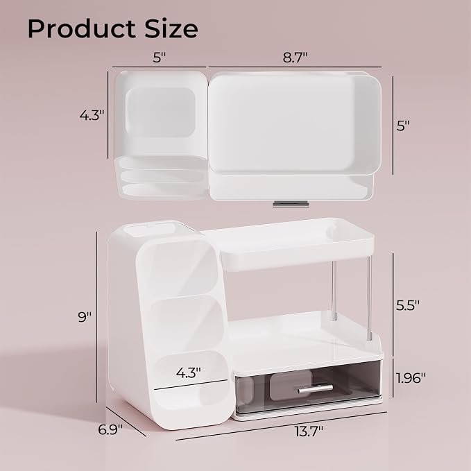 UFORU Makeup Organizer Countertop with Brush Holder for Vanity Bathroom | 3 Tiers Design, Large Capacity, Thickened Plastic, Detachable Brush Holder, Clear Drawer, Quick Access, Space-Saving