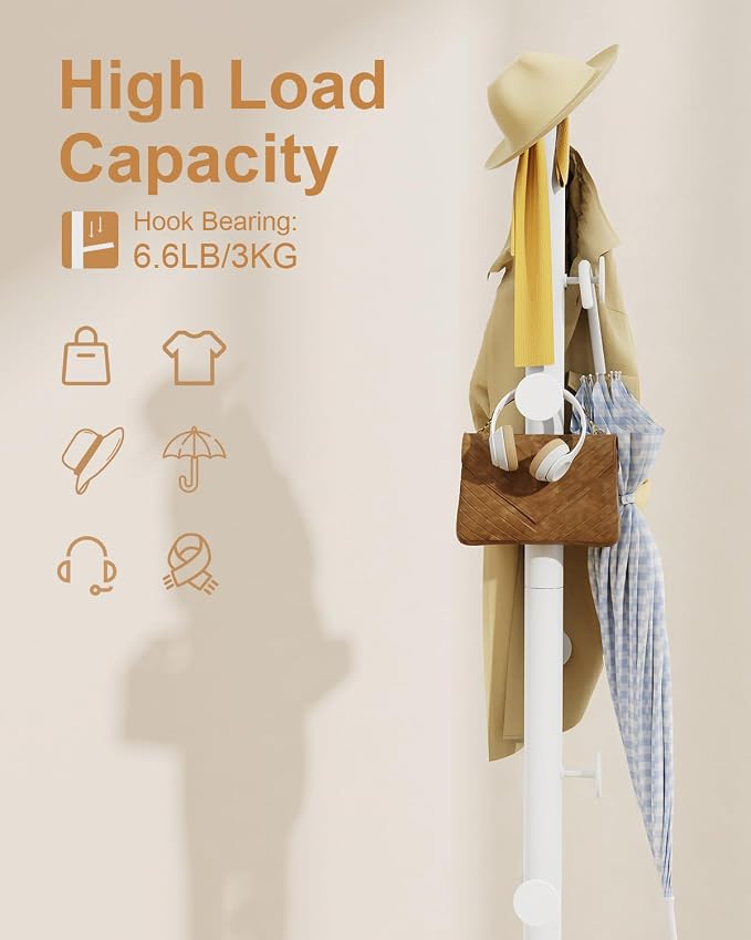 Coat Rack Freestanding, Clothing Rail with 8 Hooks, White | Small Standing Coat Hanger Stand with Heavy Rock Slab Base, Modern Metal Coat Tree with 8 Hooks for Bedroom, Office, Hallway