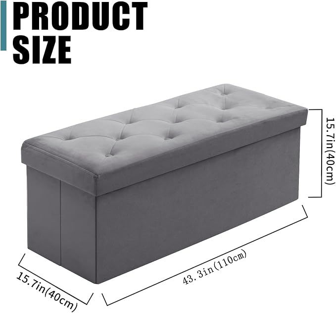 BRIAN & DANY 43 Inches Folding Storage Ottoman Bench, Velvet Ottoman with Storage for Living Room, Bedroom, Entryway, Ottoman Foot Rest, End of Bed Bench (Gray)