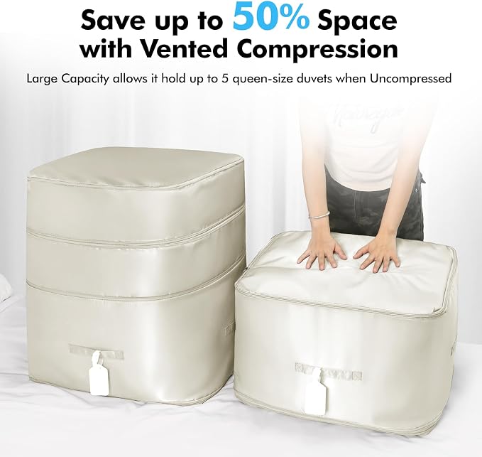 Comforter Storage Bag-Ultra Space Saving Large Self Compression Organizer for Comforters and Blanket,3-Layer Zipper Self-Compressing Organizer for Storage Bedding. (Beige, 3 Pack)