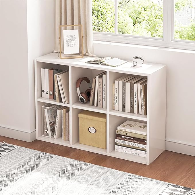 NELYE 6 Cube Organizer Bookcase White Open Shelf | Suitable for 11-inch Fabric Storage Bins, Simple Compartments Bookshelf, Holds 20 Lbs per Cube