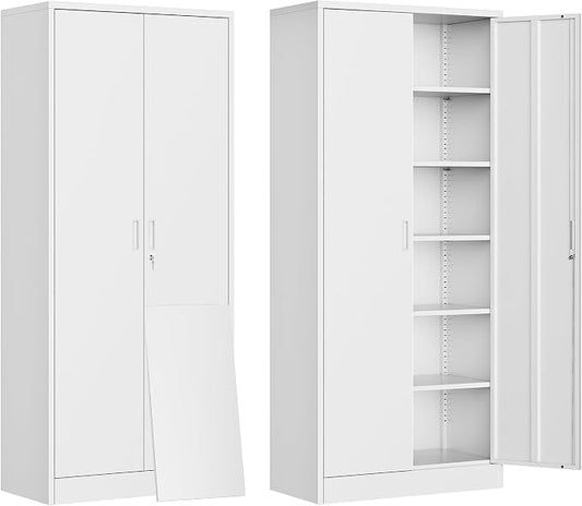 CJF 71" H Metal Storage Cabinet, Locking Cabinet with 2 Doors and 5 Adjustable Shelves, White Tall Cabinet for Garage, Home, Office, Pantry, Workshop, School