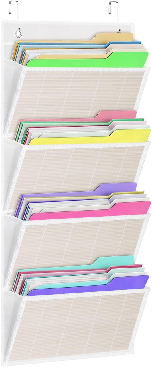 hanging wall file organizer, Over the door file folder organizer with 4 Large Bamboo Pockets, Suitable for Home, Office, Back to School Supplies Storage and Organization (White)
