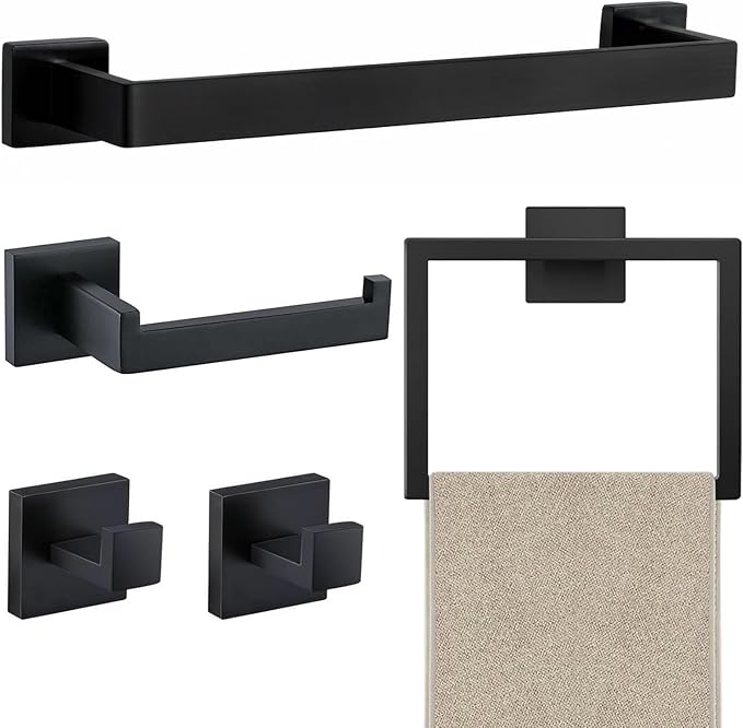 JOPOFI 5 Piece Towel Bar Set - 15.7Inch Bathroom Towel Holder - Matte Black | Stainless Steel Towel Racks for Bathroom Wall Mounted, Towel Rod for Bathroom Wall
