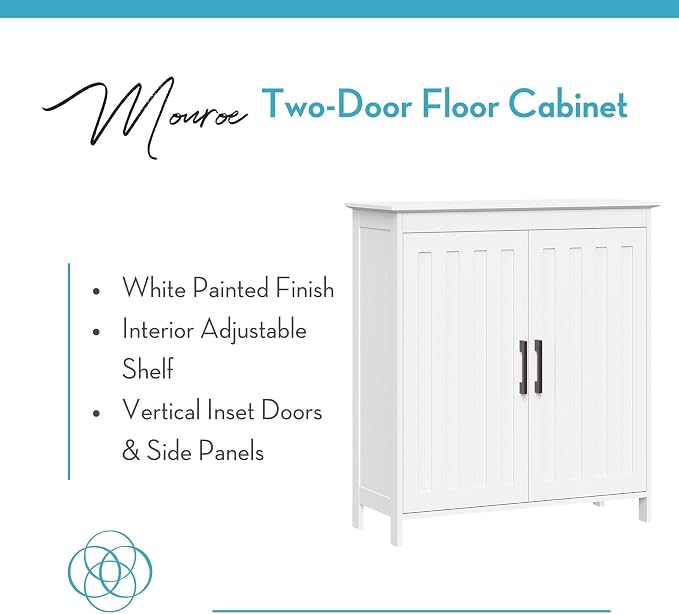 RiverRidge Monroe Two-Door Bathroom Floor Storage Cabinet - White | Linen Cabinet with Adjustable Interior Shelf and Soft Close Hinges, Matte Black Handles