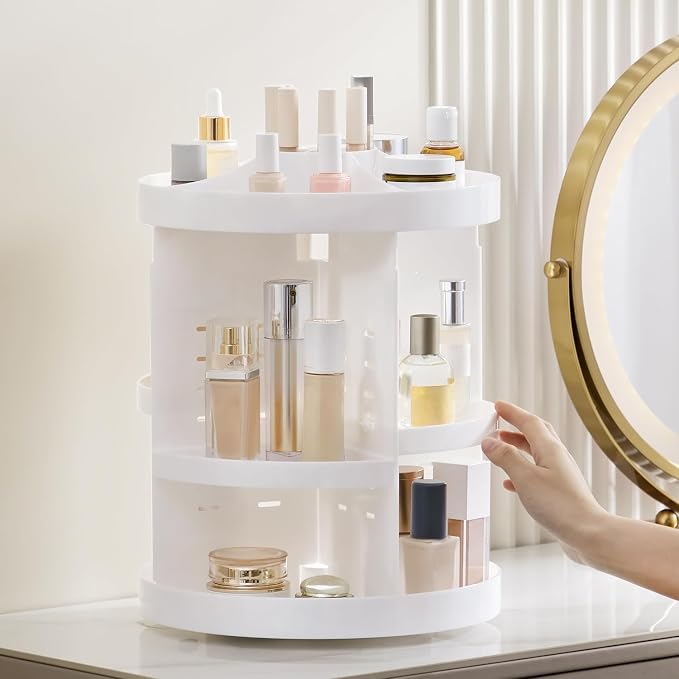 HBlife Extra Large 360 Rotating Makeup Organizer Adjustable Carousel Large Capacity Revolving Perfume Organizer Skincare Organizers Cosmetic Storage Spinning Holder for Vanity, White