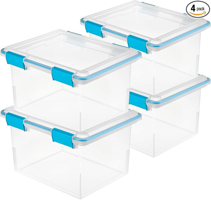 Sterilite 32 Qt Gasket Box, Stackable Storage Bin with Latching Lid and Tight Seal, Plastic Container to Organize Basement, Clear Base and Lid, 4-Pack | Heavy-Duty, Stackable, and Organizing Containers for Bathroom, Cabinet, Closet, and Garage, Clear a...