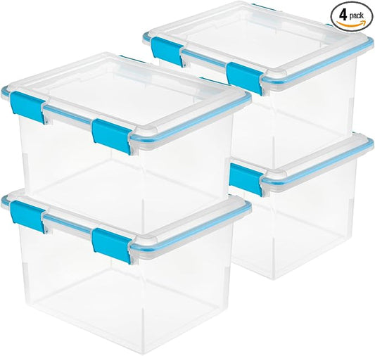 Sterilite 32 Qt Gasket Box, Stackable Storage Bin with Latching Lid and Tight Seal, Plastic Container to Organize Basement, Clear Base and Lid, 4-Pack | Heavy-Duty, Stackable, and Organizing Containers for Bathroom, Cabinet, Closet, and Garage, Clear a...