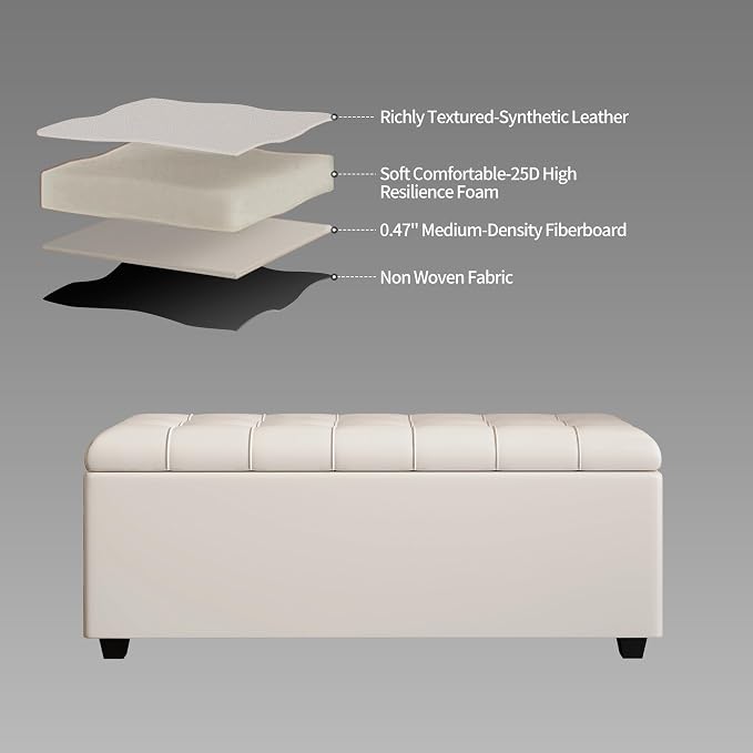38" White Faux Leather Storage Ottoman Footrest Bench | Solid wood frame bench, 4-leg easy assembly. Use as end-of-bed, footrest, entryway seat. Hinged hidden storage, multi-use.