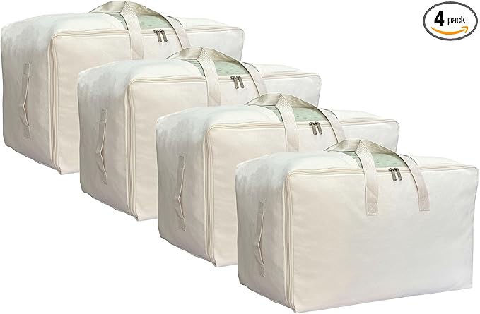 DoYiKe Soft Large Canvas Storage Bags with Zipper and Clear Window, Cotton Linen Storage Organizer for Pillows, Quilt, Blankets and Comforter, 80L, 4 Pack, Beige