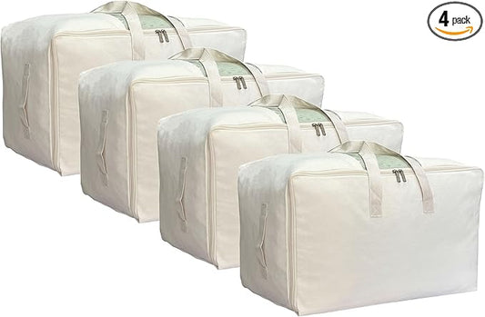 DoYiKe Soft Large Canvas Storage Bags with Zipper and Clear Window, Cotton Linen Storage Organizer for Pillows, Quilt, Blankets and Comforter, 80L, 4 Pack, Beige