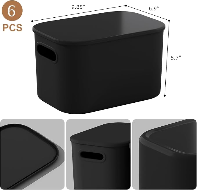 ORGIDOL 8 Pack Black Storage Bins with Lids Stackable Storage Container for Organizing, Black Storage Boxes with Handle for Shelves, Cute Organizer Bins for Craft, Snacks, 9.85x6.9x5.7 inch