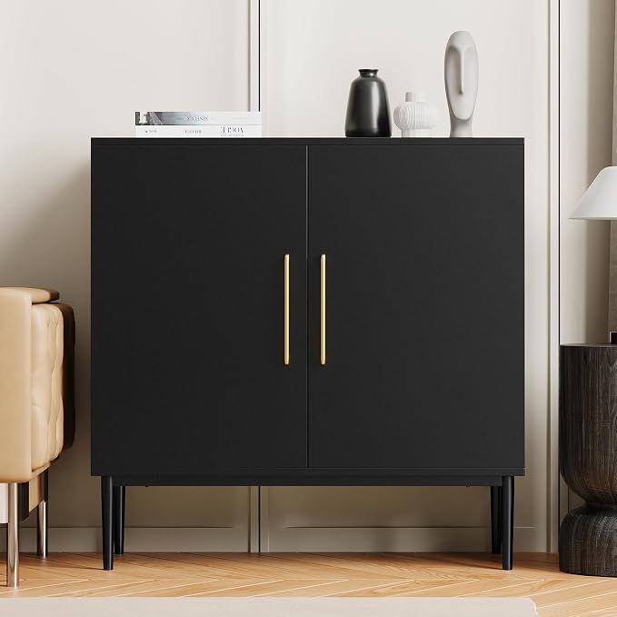 Black Storage Cabinet with Doors, Modern Accent Cabinet, Free Standing Cabinet with Adjustable Shelf, Wooden Buffet Sideboards for Living Room, Kitchen, Dining Room, Entryway