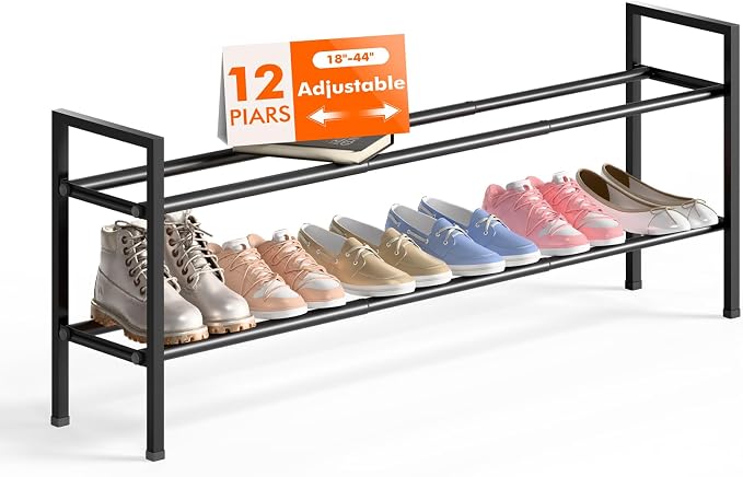 Bumusty 2 Tier Long Expandable Shoe Rack for Closet, Black | 18"-44" Adjustable Shoe Rack for Entryway, Shoe Organizer for Dorm, Front Door, Sturdy Metal