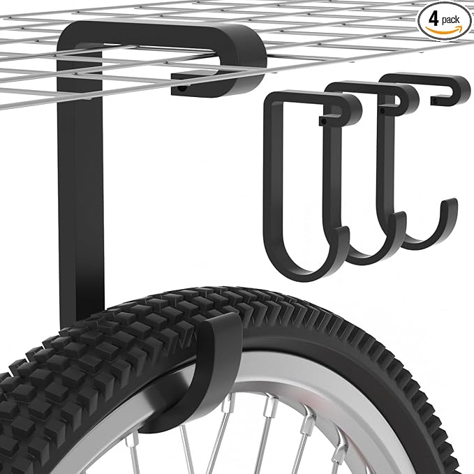 bussdis Thickened Bike Hooks for Garage Ceiling Rack: Heavy Duty Overhead Storage Rack Hook for Bicycle, Hold 50 lb, Safe Rack Bike Hanger, Metal, 4 Pack