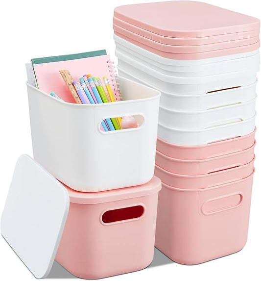 8 Pieces Colorful Storage Bins with Lid, Plastic Storage Basket Organizing Container Stackable Box with Handle for Shelves Desktop Playroom Office(9.8 x 7.1 x 6.3 Inch,White and Pink)