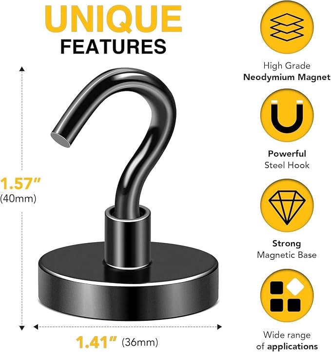 DIYMAG Magnetic Hooks 20pcs 170lbs Cruise Essentials 2026 Magnet Hook Black | Neodymium Heavy Duty Strong Magnets Hanging Ship Cabins Refrigerator Fridge Classroom Beach Vacation Kitchen Grills Home Tool