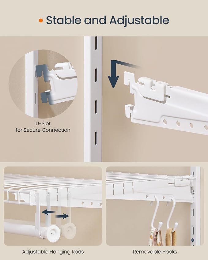 SONGMICS HOME Closet System, Closet Insert Organizer, 2 ft, Adjustable Metal Shelving Unit with 2 Hanging Rods, 2 Shelves, and Hooks, for Pantry Mudroom Garage Basement, Cloud White URGR030W01