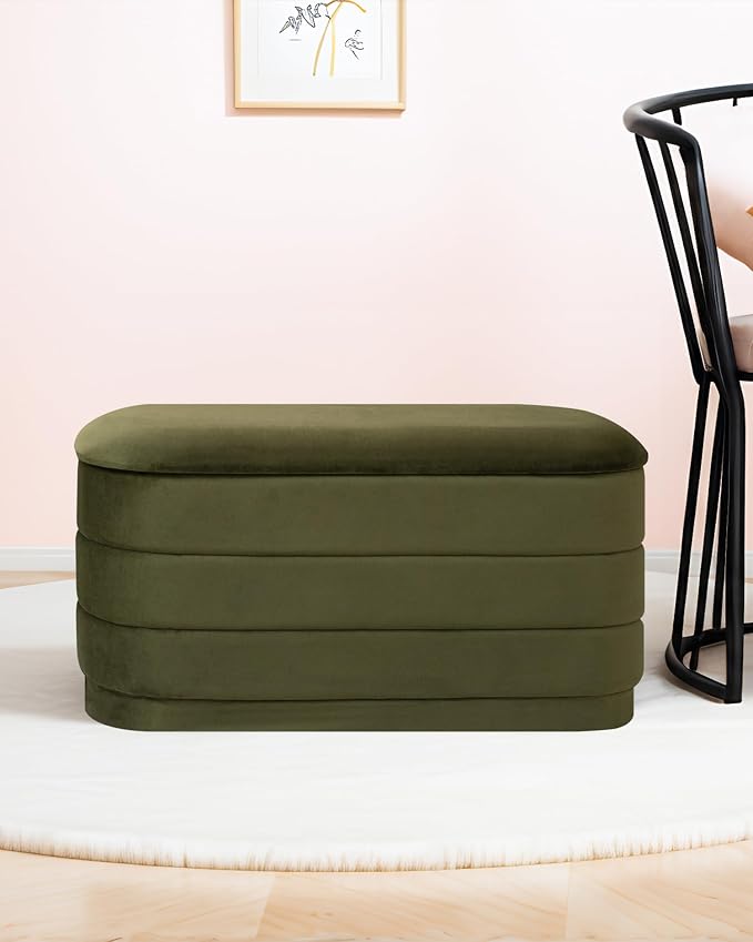B FSOBEIIALEO Velvet Storage Ottoman with Tray, Folding Ottoman with Storage Coffee Table Shoes Bench for Dorm Room, Living Room Olive, 30"x15"x15"