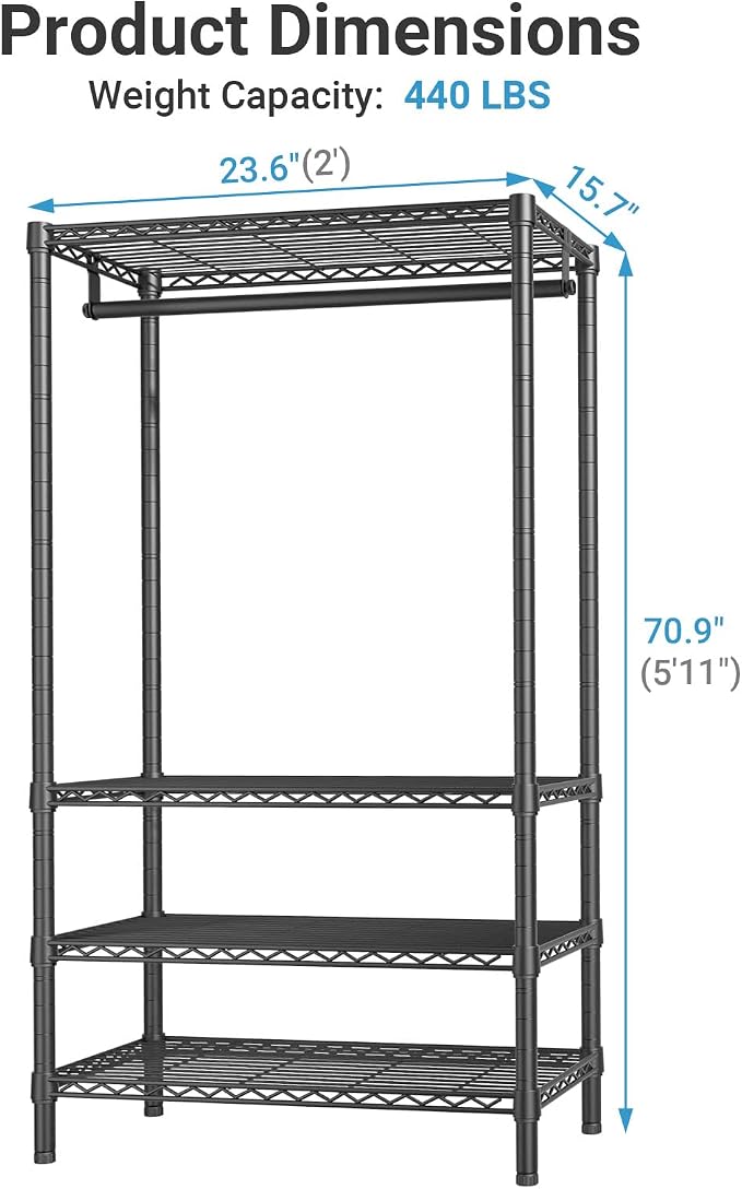 VIPEK V1 Medium Portable Garment Racks for Bedroom/Apartments/Dorms, Black | Heavy Duty Clothes Rack with 4 Tiers Adjustable Shelves & Hanging Rod, for Laundry Room/ Entry Closet, 440lbs Capacity