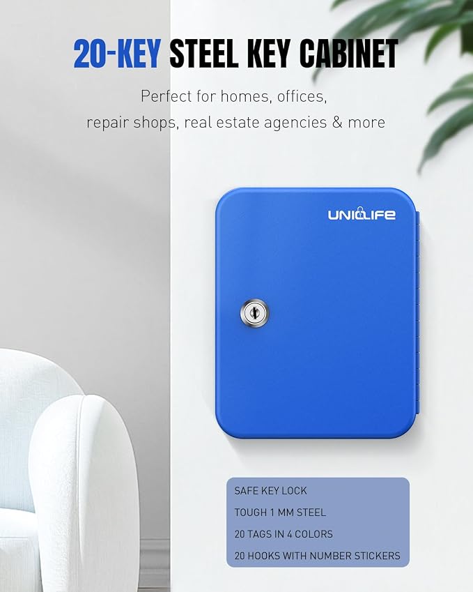 Uniclife 20 Keys Key Lock Box, Wall Mount Key Box, Lock Box for Keys, Key Lockbox with Tags, Key Cabinet, Key Holder Storage Box for Home Office & Company, Blue