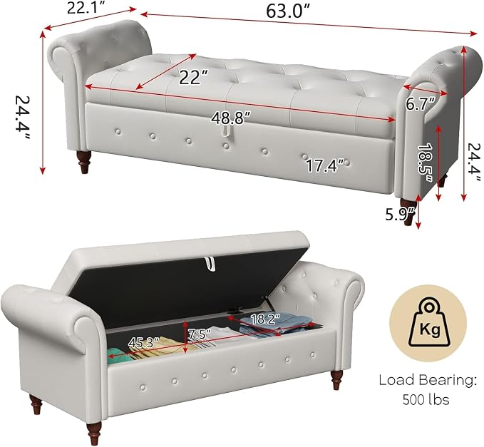 NIOIIKIT 63'' Storage Ottoman Bench, Tufted Entryway Bench Beige Polyester | Button Tufted End of Bed, Large Storage Space, Rolled Armed Ottoman Couch Long Bench for Bedroom, Living Room, Hallway