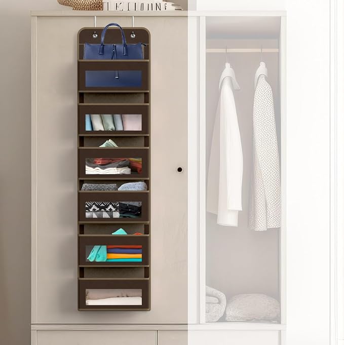 Simple Houseware 6 Clear Window Pocket Over Door Hanging Organizer, Brown | Over the Door Storage for Closet, Bedroom, Bathroom, Pantry