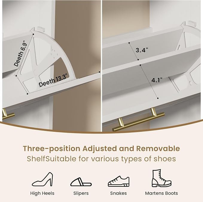 Modern Luxury Shoe Cabinet Organizer with 3 Flip Drawers,31.5" W，White | Freestanding shoe storage cabinet for entryway,foyer and hallway,space-saving flip drawers,Adjustable Shelves & 2 Hooks
