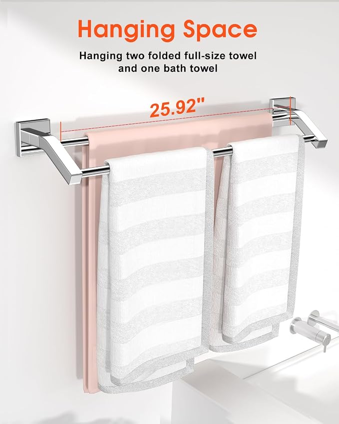 Alise Double Bath Towel Bar, 28" Towel Racks for Bathroom, Polished Chrome | SUS304 Stainless Steel Bathroom Towel Holder, Quick Drying Towel Hanger Towel Rod Wall Mounted