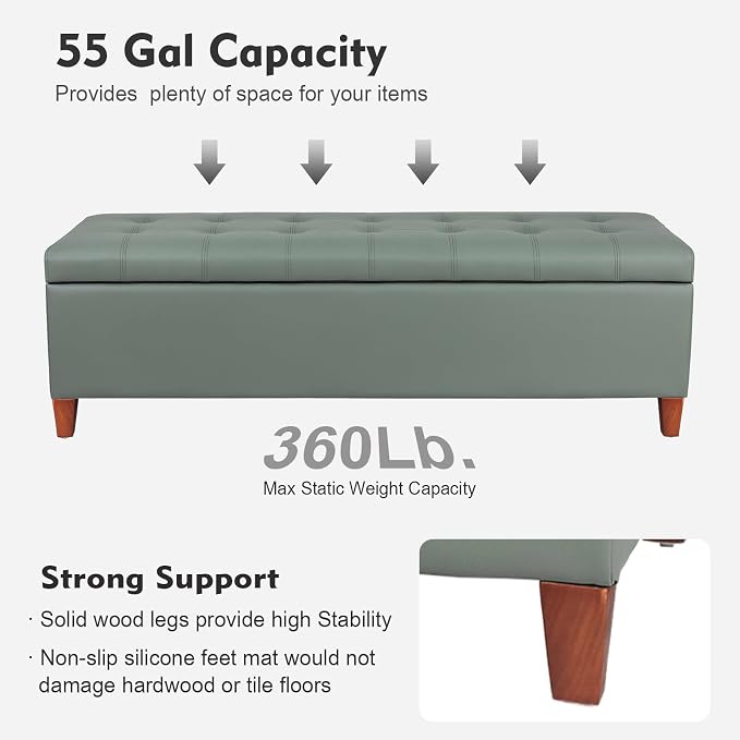 Ottoman with Storage, 51 Inch End of Bed Storage Bench, Faux Leather Upholstered Ottomans with Hinged Lid, Rectangle Long Foot Rest Bench for Entryway Living Room Bedroom Light Green